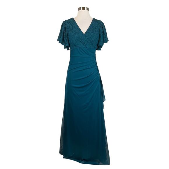 Betsy & Adam Lace and Chiffon Evening Gown Green Size 4 Short Flutter Sleeves - Picture 1 of 13